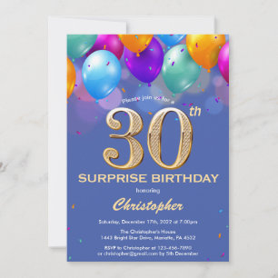 Invitation Surprise 30e anniversaire Ballons bleu et or