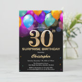 Invitation Surprise 30e anniversaire Ballons noir et or (Debout devant)