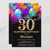 Invitation Surprise 30e anniversaire Ballons noir et or (Devant / Derrière)