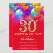 Invitation Surprise 30e anniversaire Ballons rouge et or (Devant / Derrière)