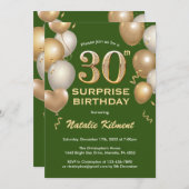 Invitation Surprise 30e anniversaire Ballons vert et or (Devant / Derrière)