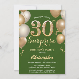 Invitation Surprise 30e anniversaire Ballons vert et or