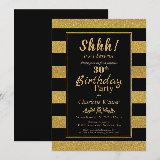 Invitation Surprise 30e anniversaire Black Gold Striped Party (Devant / Derrière)