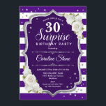 Invitation Surprise 30e anniversaire - Blanc d'argent violet<br><div class="desc">Invitation surprise 30e anniversaire. Feminine violet,  design blanc avec fausse parties scintillant argent. Comprend des rayures,  des roses blanches,  des caractères de script et des confettis. Parfait pour une soirée d'anniversaire élégante. Peut être personnalisé pour montrer n'importe quel âge. Message-moi si vous avez besoin d'une personnalisation plus poussée.</div>