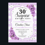 Invitation Surprise 30e anniversaire - Blanc pourpre<br><div class="desc">Invitation surprise 30e anniversaire. Blanc féminin,  conception lilas lavande. Comprend des rayures,  des roses violets pastel,  des caractères de script et des confettis. Parfait pour une soirée d'anniversaire élégante. Peut être personnalisé pour montrer n'importe quel âge. Message-moi si vous avez besoin d'une personnalisation plus poussée.</div>
