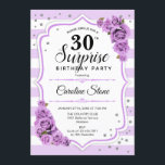 Invitation Surprise 30e anniversaire - Blanc pourpre<br><div class="desc">Invitation surprise 30e anniversaire. Blanc féminin,  conception lilas lavande. Comprend des rayures,  des roses violets pastel,  des caractères de script et des confettis. Parfait pour une soirée d'anniversaire élégante. Peut être personnalisé pour montrer n'importe quel âge. Message-moi si vous avez besoin d'une personnalisation plus poussée.</div>