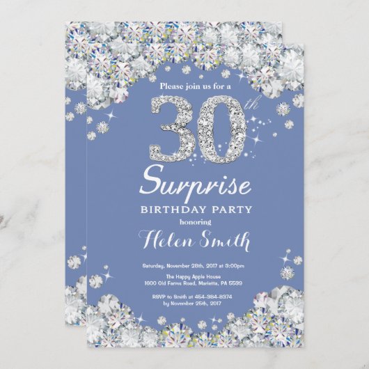Invitation Surprise 30e anniversaire Blue Silver Diamond (Devant / Derrière)