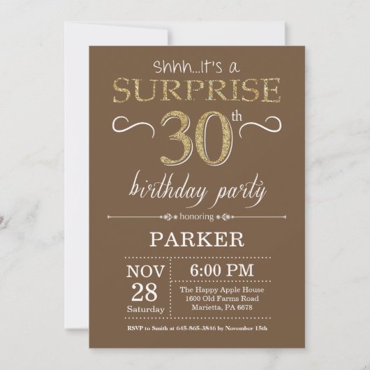 Invitation Surprise 30e anniversaire Brown et Parties scintil (Devant)