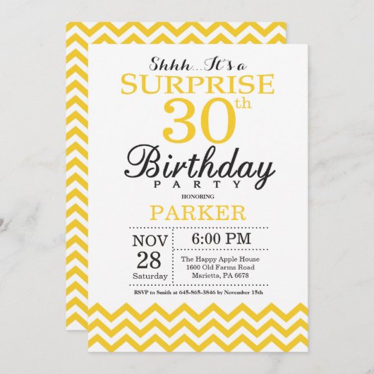 Invitation surprise 30e anniversaire Chevron jaune (Devant / Derrière)