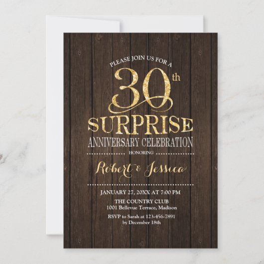 Invitation Surprise 30e anniversaire de mariage Bois Or (Devant)