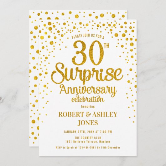 Invitation Surprise 30e anniversaire de mariage - Or & Blanc (Devant / Derrière)