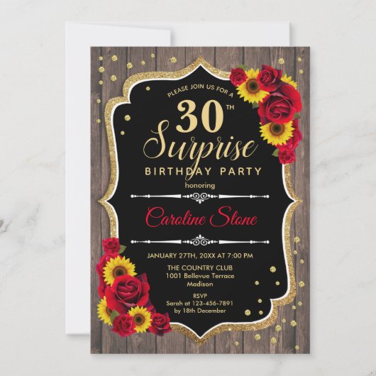 Invitation Surprise 30e anniversaire - Fleurs de soleil rusti (Devant)