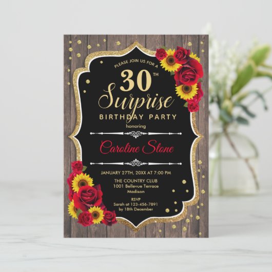 Invitation Surprise 30e anniversaire - Fleurs de soleil rusti (Debout devant)