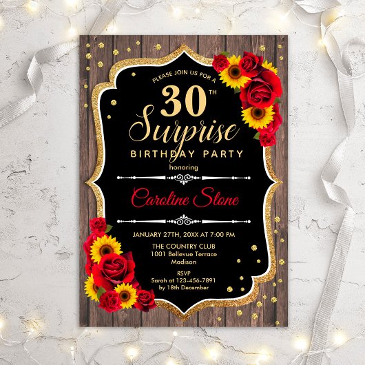 Invitation Surprise 30e anniversaire - Fleurs de soleil rusti