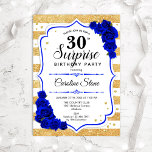 Invitation Surprise 30e anniversaire - Gold White Royal Blue<br><div class="desc">Invitation surprise 30e anniversaire. Blanc féminin, bleu royal design avec de l'or de parties scintillant faux. Comprend des rayures, des roses bleu saphir, des caractères de script et des confettis. Parfait pour une soirée d'anniversaire élégante. Peut être personnalisé pour montrer n'importe quel âge. Message-moi si vous avez besoin d'une personnalisation...</div>