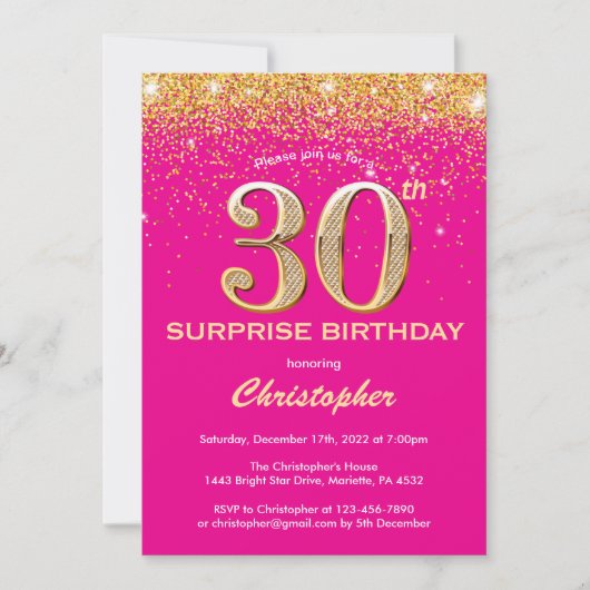 Invitation Surprise 30e anniversaire Hot rose et Parties scin (Devant)