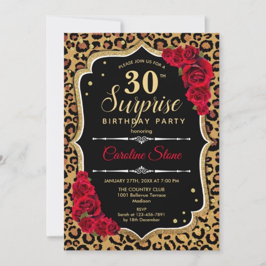 Invitation Surprise 30e anniversaire - Leopard Black Gold Red (Devant)