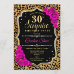 Invitation Surprise 30e anniversaire - Leopard Black Gold Ros<br><div class="desc">Invitation surprise 30e anniversaire. Design noir féminin,  rose chaud avec parties scintillant d'or faux. Caractéristiques animal léopard cheetah motif,  fuchsia roses,  script police et confetti. Parfait pour une soirée d'anniversaire élégante. Peut être personnalisé pour montrer n'importe quel âge. Message-moi si vous avez besoin d'une personnalisation plus poussée.</div>