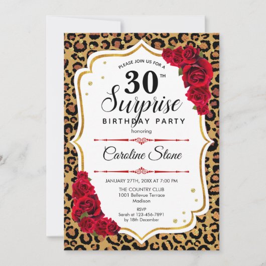 Invitation Surprise 30e anniversaire - Leopard Gold Blanc Rou (Devant)