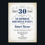 Invitation Surprise 30e anniversaire - Marine bleu blanc noir<br><div class="desc">Surprise 30th Birthday Invitation Design rétro en bleu marine blanc avec un arrière - plan crémeux vintage. Bravo à 30 ans ! Peut également être personnalisé dans n'importe quelle année.</div>