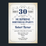 Invitation Surprise 30e anniversaire - Marine bleu blanc noir<br><div class="desc">Surprise 30th Birthday Invitation Design rétro en bleu marine blanc avec un arrière - plan crémeux vintage. Bravo à 30 ans ! Peut également être personnalisé dans n'importe quelle année.</div>