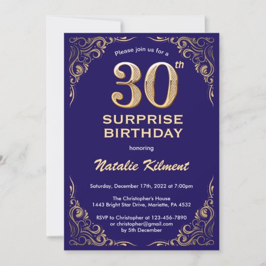 Invitation Surprise 30e anniversaire Marine Blue and Gold Par (Devant)