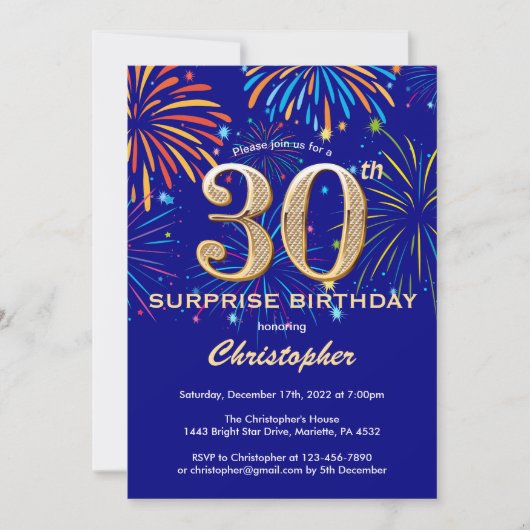 Invitation Surprise 30e anniversaire Marine Blue & Gold Firew (Devant)