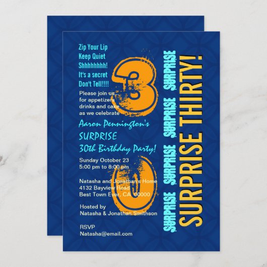 Invitation SURPRISE 30e anniversaire Modern Blue and Gold F54 (Devant / Derrière)