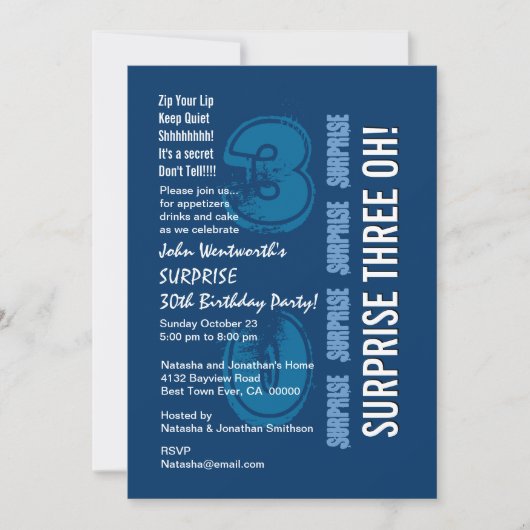 Invitation SURPRISE 30e anniversaire moderne Bleu Blanc TROIS (Devant)