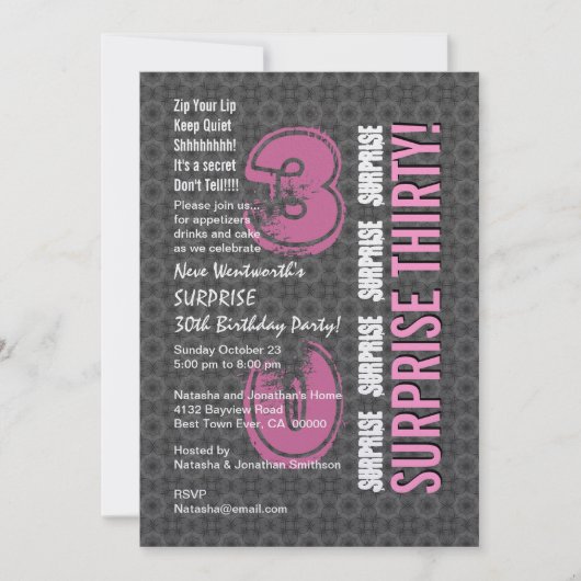 Invitation SURPRISE 30e anniversaire moderne Gris et rose W17 (Devant)