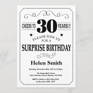 Invitation surprise 30e anniversaire Noir et blanc