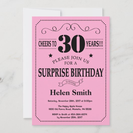Invitation surprise 30e anniversaire Noir et rose (Devant)