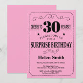 Invitation surprise 30e anniversaire Noir et rose (Devant / Derrière)