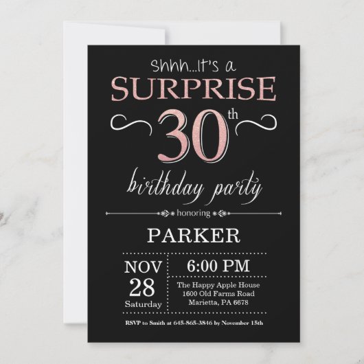 Invitation Surprise 30e anniversaire Noir et Rose Or rose (Devant)