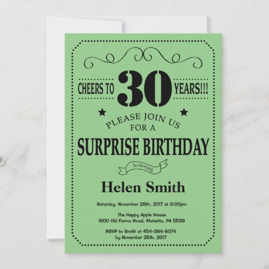 Invitation Surprise 30e Anniversaire Noir et Vert (Devant)