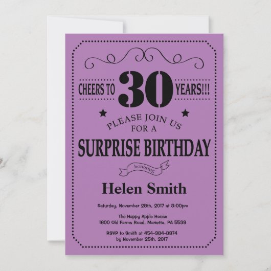 Invitation Surprise 30e anniversaire Noir et violet (Devant)