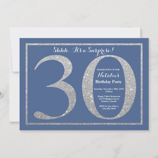 Invitation Surprise 30e anniversaire Parties scintillant bleu (Devant)
