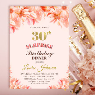 Invitation Surprise 30e anniversaire Pink Gold Floral Dîner