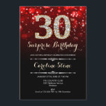 Invitation Surprise 30e anniversaire - Red Gold<br><div class="desc">Invitation surprise 30e anniversaire. Design noir rouge élégant avec de l'or de parties scintillant imitation. Anniversaire adulte. Dispose de diamants,  lumières de livres et police de script. Hommes ou femmes anniversaire invitation. Parfait pour une fête d'anniversaire élégante. Message-moi si vous avez besoin d'une personnalisation plus poussée.</div>
