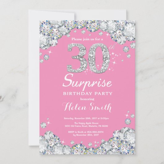 Invitation Surprise 30e anniversaire rose et diamant d'argent (Devant)