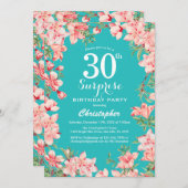 Invitation Surprise 30e anniversaire rose fleurs Turquoise (Devant / Derrière)