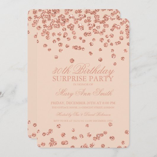 Invitation Surprise 30e anniversaire Rose Gold Parties scinti (Devant / Derrière)