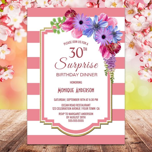 Invitation Surprise 30e anniversaire rose rayé violet fleuri