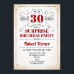 Invitation Surprise 30e anniversaire - Rouge Blanc Noir<br><div class="desc">Surprise 30th Birthday Invitation Design rétro en noir rouge blanc avec un arrière - plan crémeux vintage. Bravo à 30 ans ! Peut également être personnalisé dans n'importe quelle année.</div>