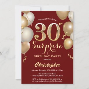 Invitation Surprise 30e anniversaire Sombre Rouge et Or Ballo