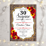 Invitation Surprise 30e anniversaire - Tournesols Bois rustiq<br><div class="desc">Invitation surprise 30e anniversaire. Feminine rustique noir,  blanc,  rouge design avec fausse parties scintillant or. Motif en bois,  roses rouges,  tournesols,  caractères de script et confettis. Parfait pour une soirée d'anniversaire élégante. Peut être personnalisé pour montrer n'importe quel âge. Message-moi si vous avez besoin d'une personnalisation plus poussée.</div>