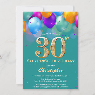 Invitation Surprise 30e anniversaire Turquoises et Ballons d'