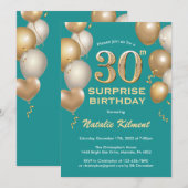 Invitation Surprise 30e anniversaire Turquoises et Ballons d' (Devant / Derrière)