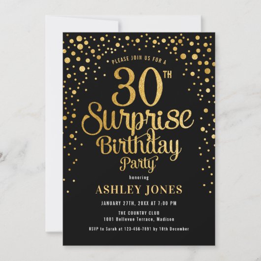 Invitation Surprise 30e fête d'anniversaire - Black & Gold (Devant)