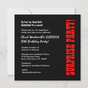 Invitation SURPRISE 30e fête d'anniversaire Black Red Metalli